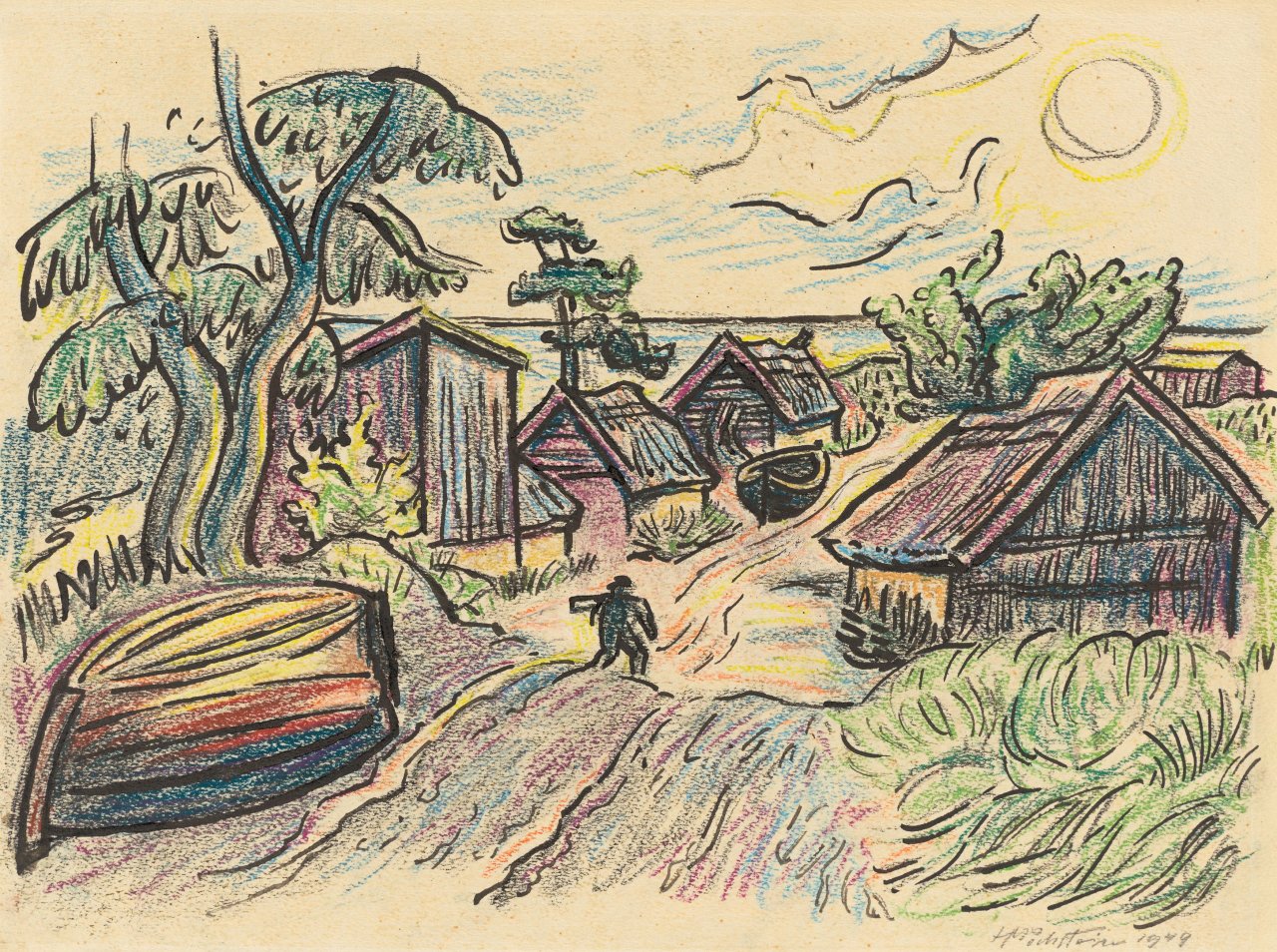 Auf diesem Bild ist das folgende Kunstwerk zu sehen: Max Pechstein. Fischerhäuser in Ückeritz. 1949.