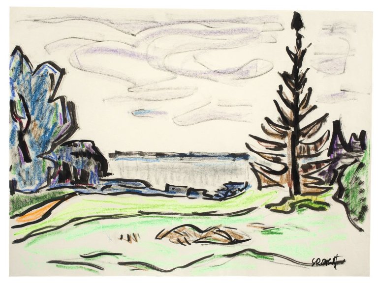 Auf diesem Bild ist das folgende Kunstwerk zu sehen: Karl Schmidt-Rottluff. Seenlandschaft mit Tanne. 1960er Jahre.