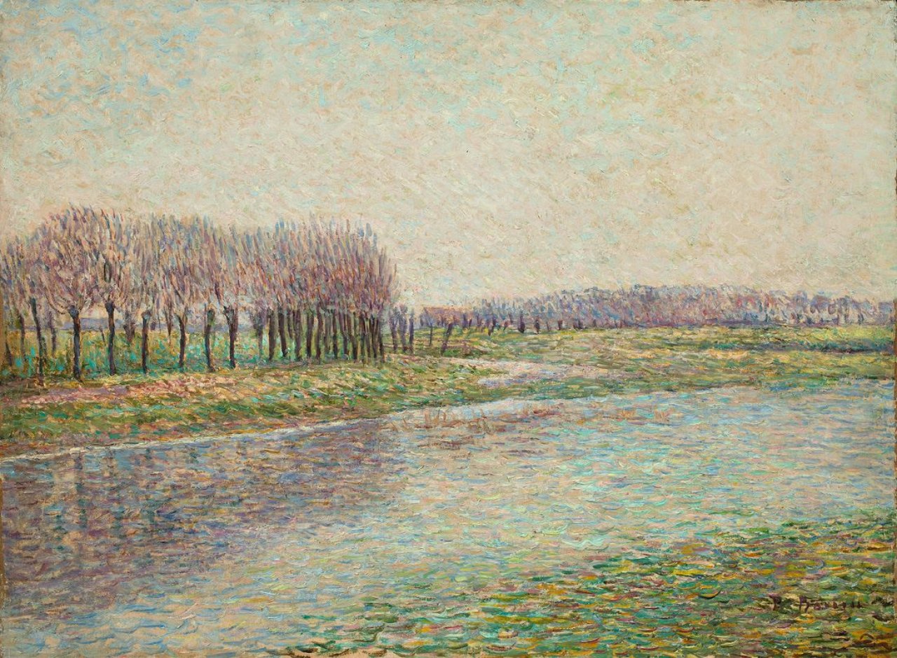 Auf diesem Bild ist das folgende Kunstwerk zu sehen: Paul Baum. Fluß mit Weiden. Um 1896.