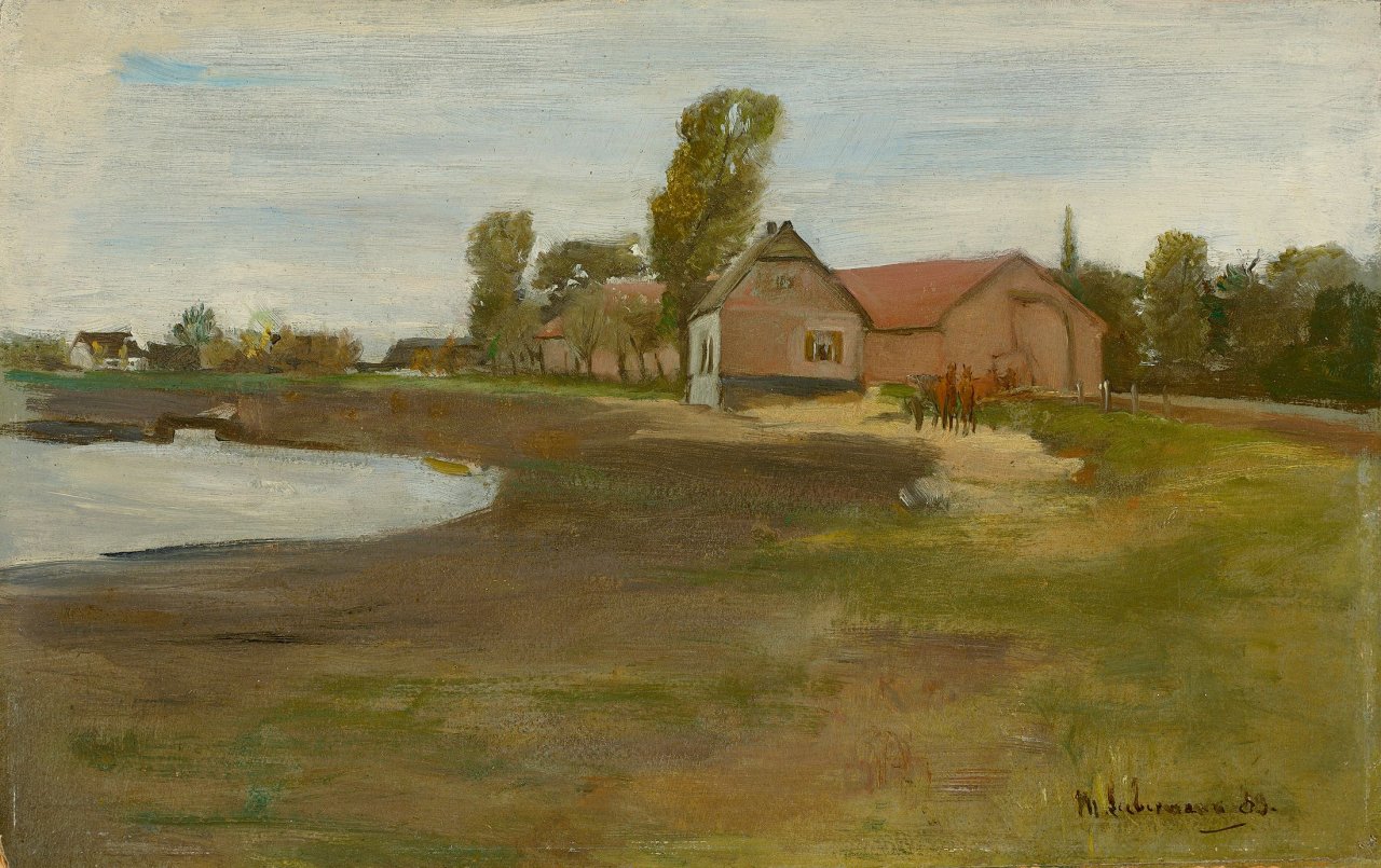 This picture shows the following artwork: Max Liebermann. „Dorfstraße in Militsch – Landschaft mit Teich“. 1883.