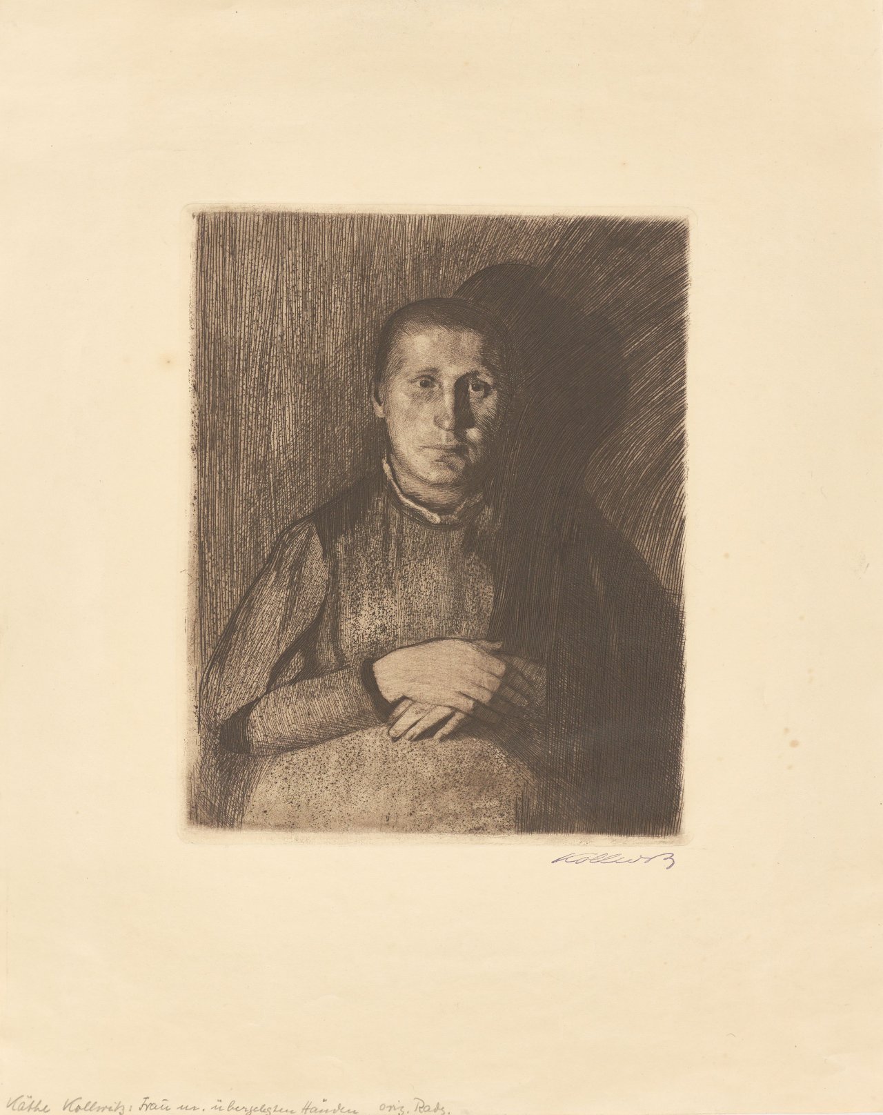 Auf diesem Bild ist das folgende Kunstwerk zu sehen: Käthe Kollwitz. „Frau mit übereinandergelegten Händen“. 1898/99 / um 1950.