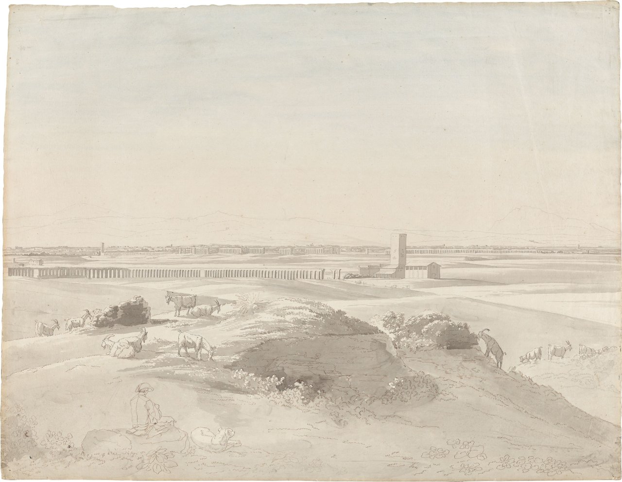 Auf diesem Bild ist das folgende Kunstwerk zu sehen: Jakob Philipp Hackert. Blick auf den Turm „Torre di Mezzavia di Albano” und die römische Campagna.