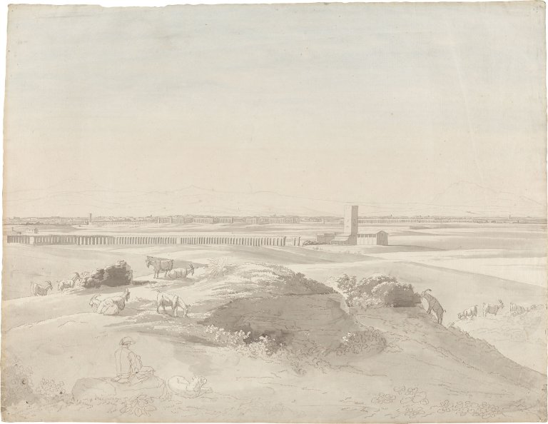Auf diesem Bild ist das folgende Kunstwerk zu sehen: Jakob Philipp Hackert. Blick auf den Turm „Torre di Mezzavia di Albano” und die römische Campagna.