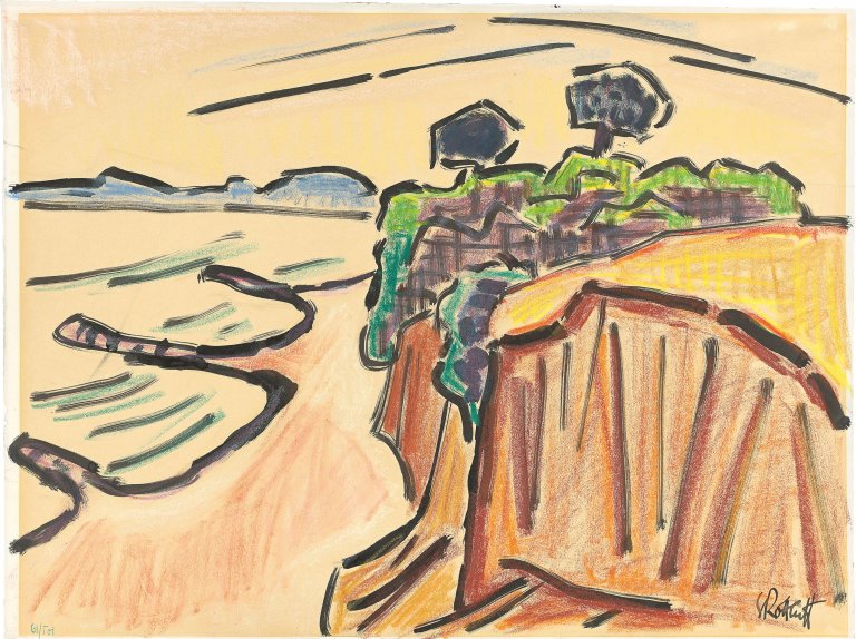 Auf diesem Bild ist das folgende Kunstwerk zu sehen: Karl Schmidt-Rottluff. „Hohes Ufer“. 1960er-Jahre.