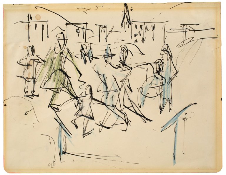 Auf diesem Bild ist das folgende Kunstwerk zu sehen: Ernst Ludwig Kirchner. Schlittschuhläufer auf dem Davoser See. Um 1926.