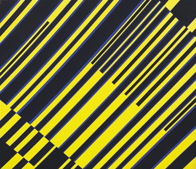 Auf diesem Bild ist das folgende Kunstwerk zu sehen: Günter Fruhtrunk. „Progressions. Jaune-Bleu-Noir“. 1963.
