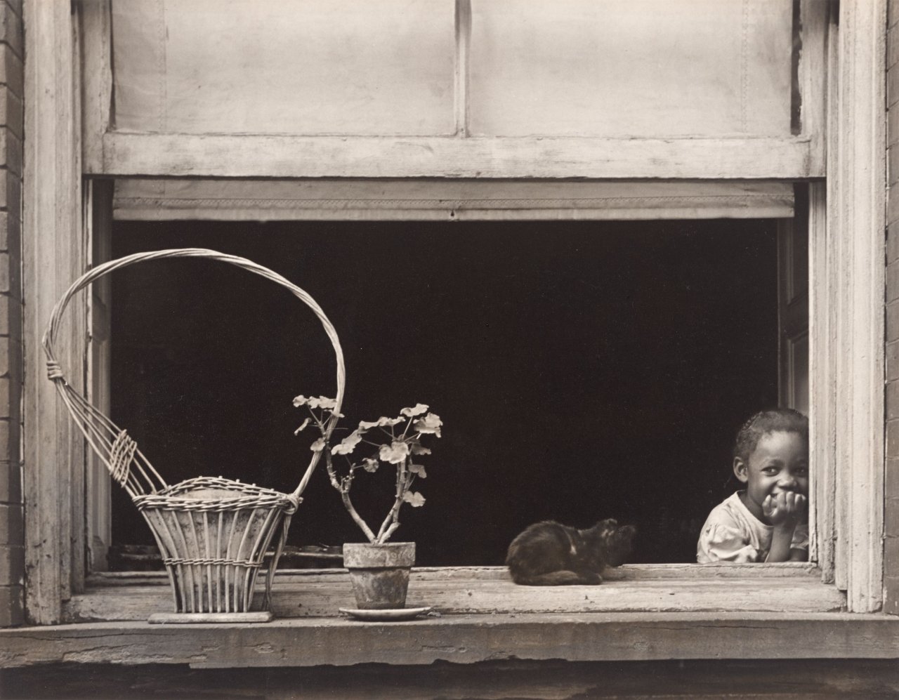 Auf diesem Bild ist das folgende Kunstwerk zu sehen: Walter Rosenblum. „Child, Cat and Basket. 105 ST[REET] N.Y.“, East Harlem. 1952.