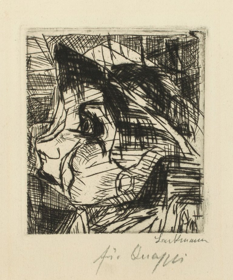 Auf diesem Bild ist das folgende Kunstwerk zu sehen: Max Beckmann. Frauenkopf (Ausschnitt aus „Straße II“). 1921.
