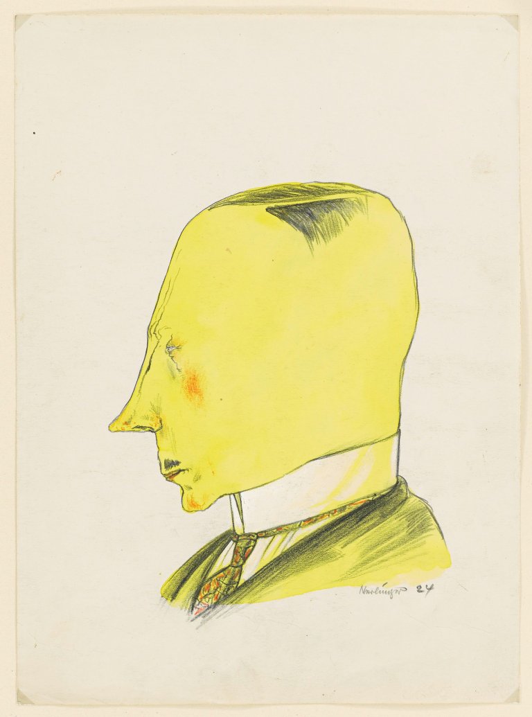 Auf diesem Bild ist das folgende Kunstwerk zu sehen: Oskar Nerlinger. 5 Portraits: „Bildnis aus einem Steckbrief“ / „Herr von Klotz“ / „Ick jeh aus“ / Ohne Titel / „Ein Zeitgenosse“. 1924.