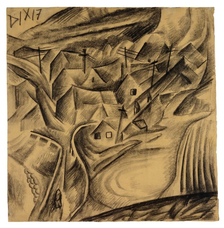 Auf diesem Bild ist das folgende Kunstwerk zu sehen: Otto Dix. „Dorf in Rußland (Godizischky)“. 1917.