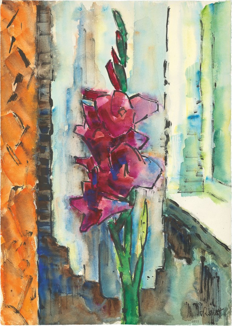 Auf diesem Bild ist das folgende Kunstwerk zu sehen: Karl Schmidt-Rottluff. „Purpurne Gladiole III“. 1964.