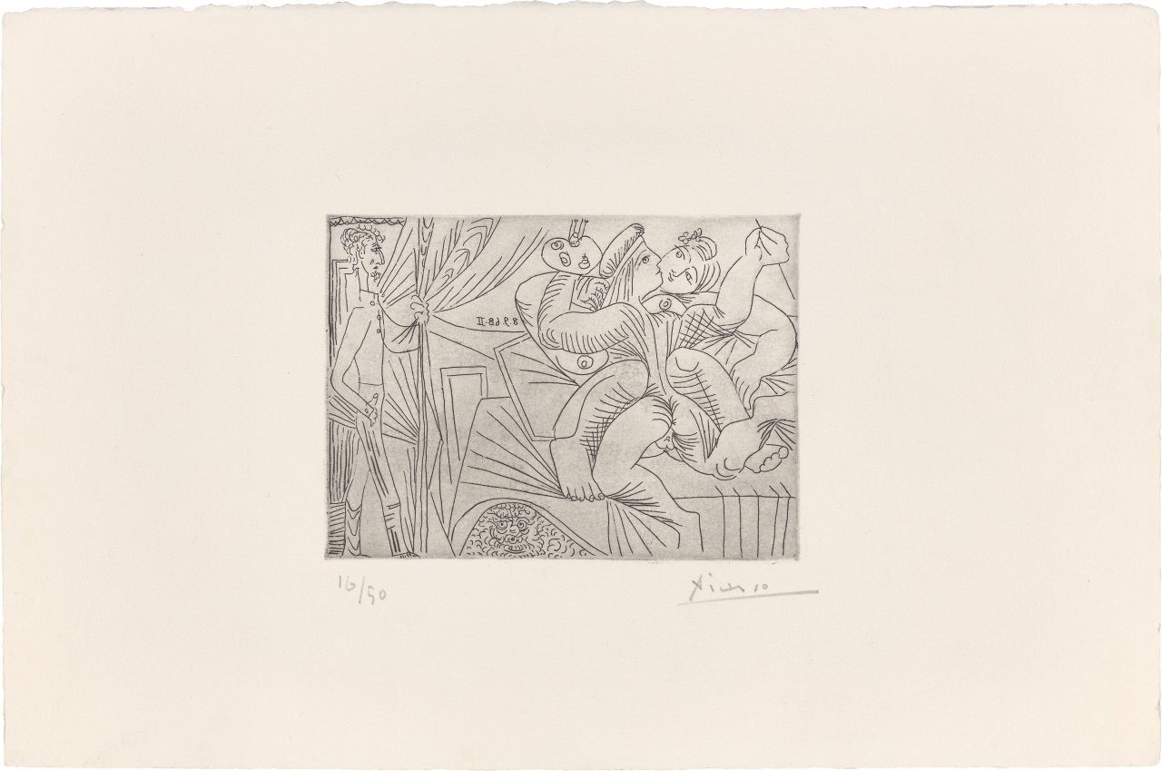 This picture shows the following artwork: Pablo Picasso. ”Raphaël et La Fornarina. XXII: Michel-Ange sous le lit; entre Piero Crommelynck”. 1968.