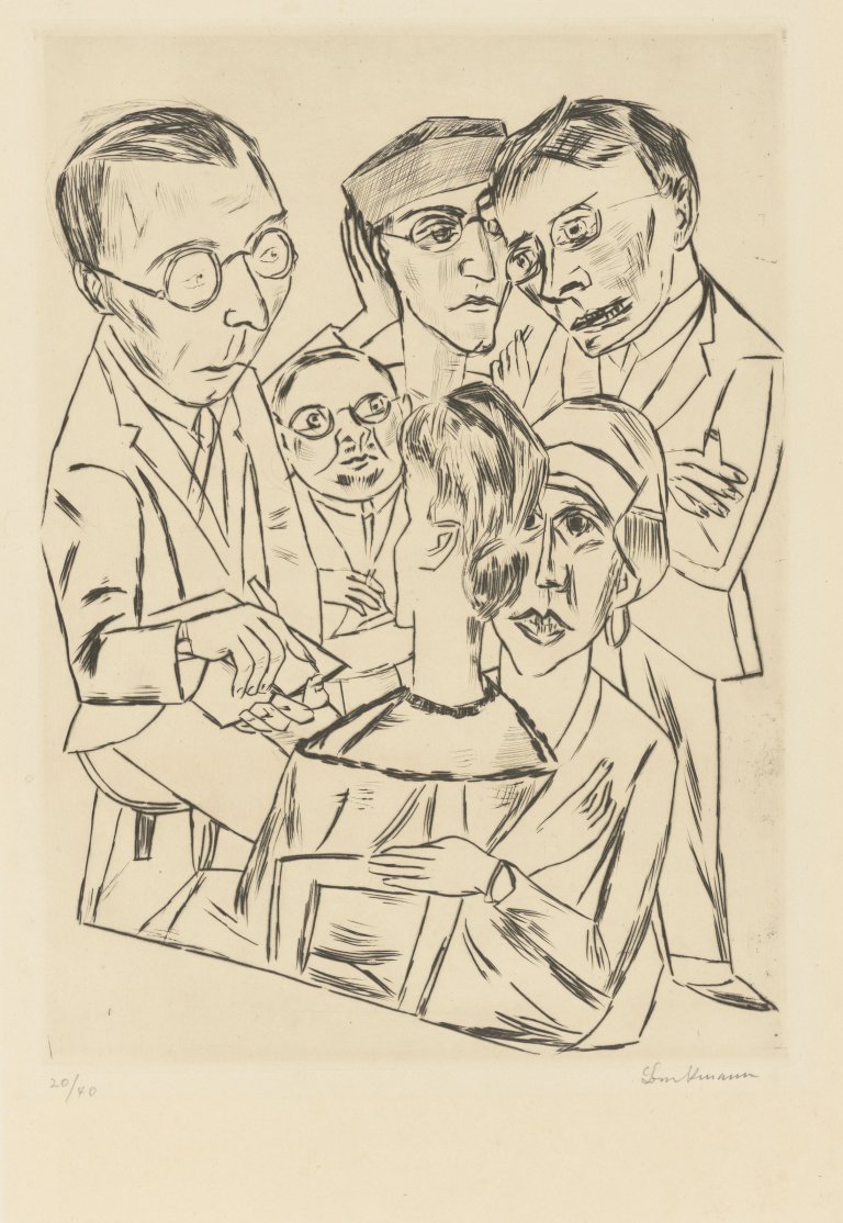 Auf diesem Bild ist das folgende Kunstwerk zu sehen: Max Beckmann. „Der Zeichner in Gesellschaft“. 1922.