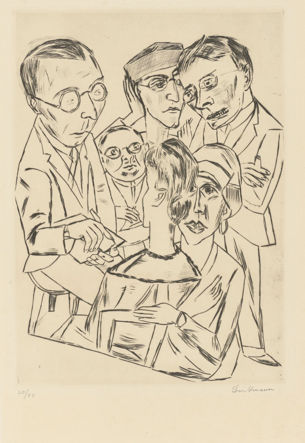 Auf diesem Bild ist das folgende Kunstwerk zu sehen: Max Beckmann. „Der Zeichner in Gesellschaft“. 1922.