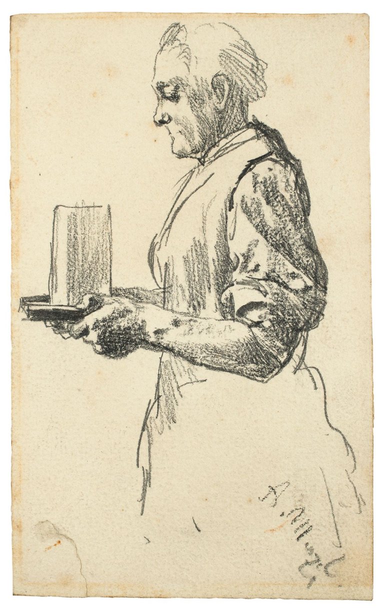 Auf diesem Bild ist das folgende Kunstwerk zu sehen: Adolph Menzel. Frau mit Wasserglas. Um 1876.