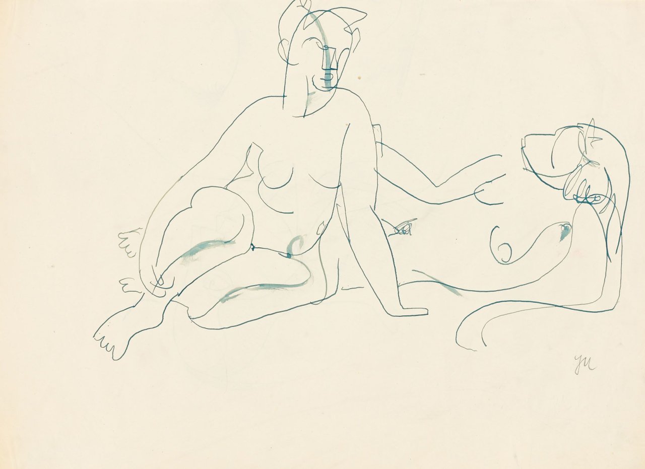 This picture shows the following artwork: Jeanne Mammen. „Zwei weibliche Akte, einer liegend, einer davor kauernd“. Circa 1939-1945.