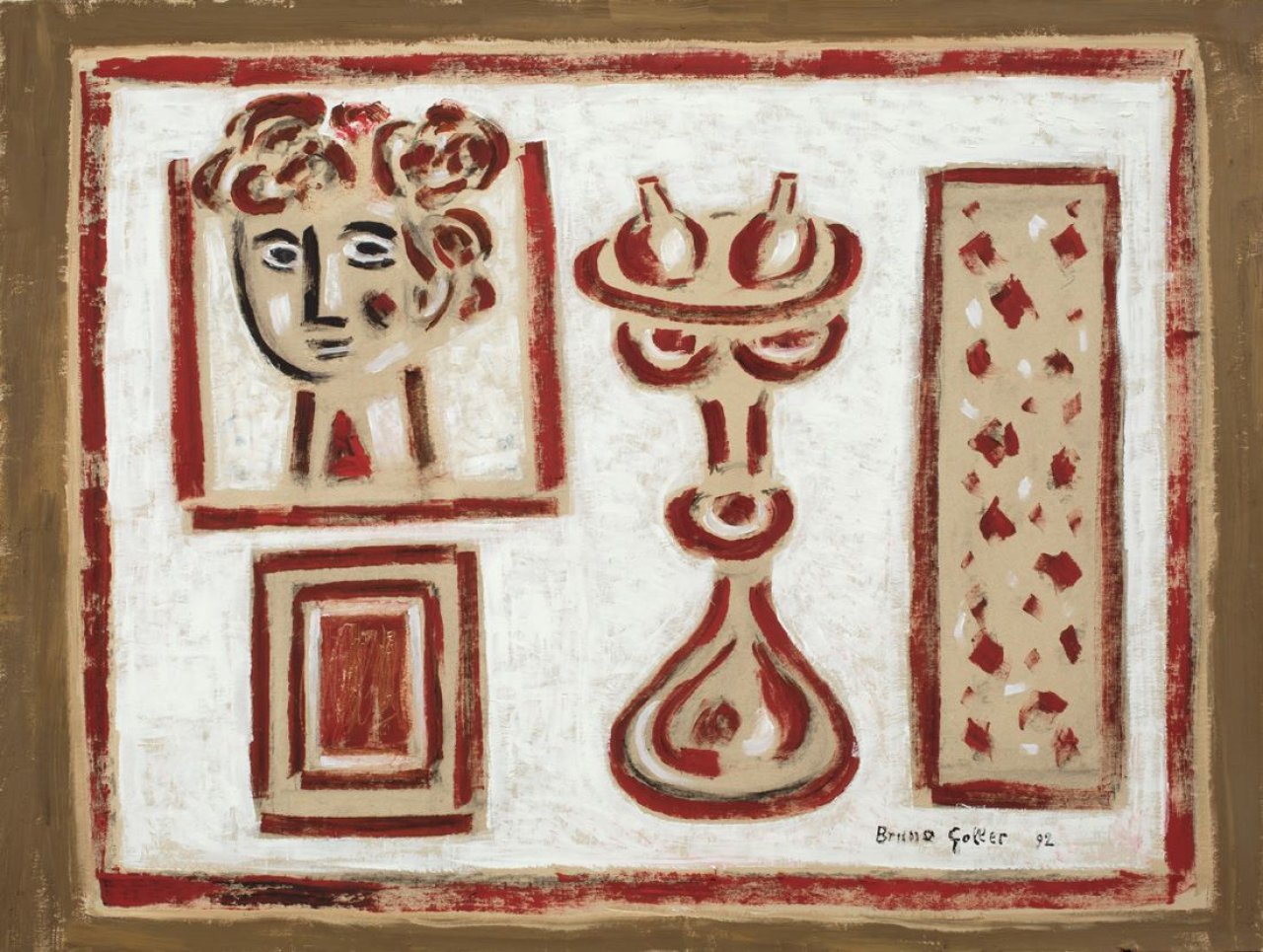 Auf diesem Bild ist das folgende Kunstwerk zu sehen: Bruno Goller. Stilleben mit Frauenkopf. 1992.