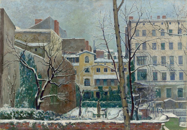 Auf diesem Bild ist das folgende Kunstwerk zu sehen: Emil Orlik. „Stadtgarten im Winter, Berlin“. Wohl 1920er-Jahre.
