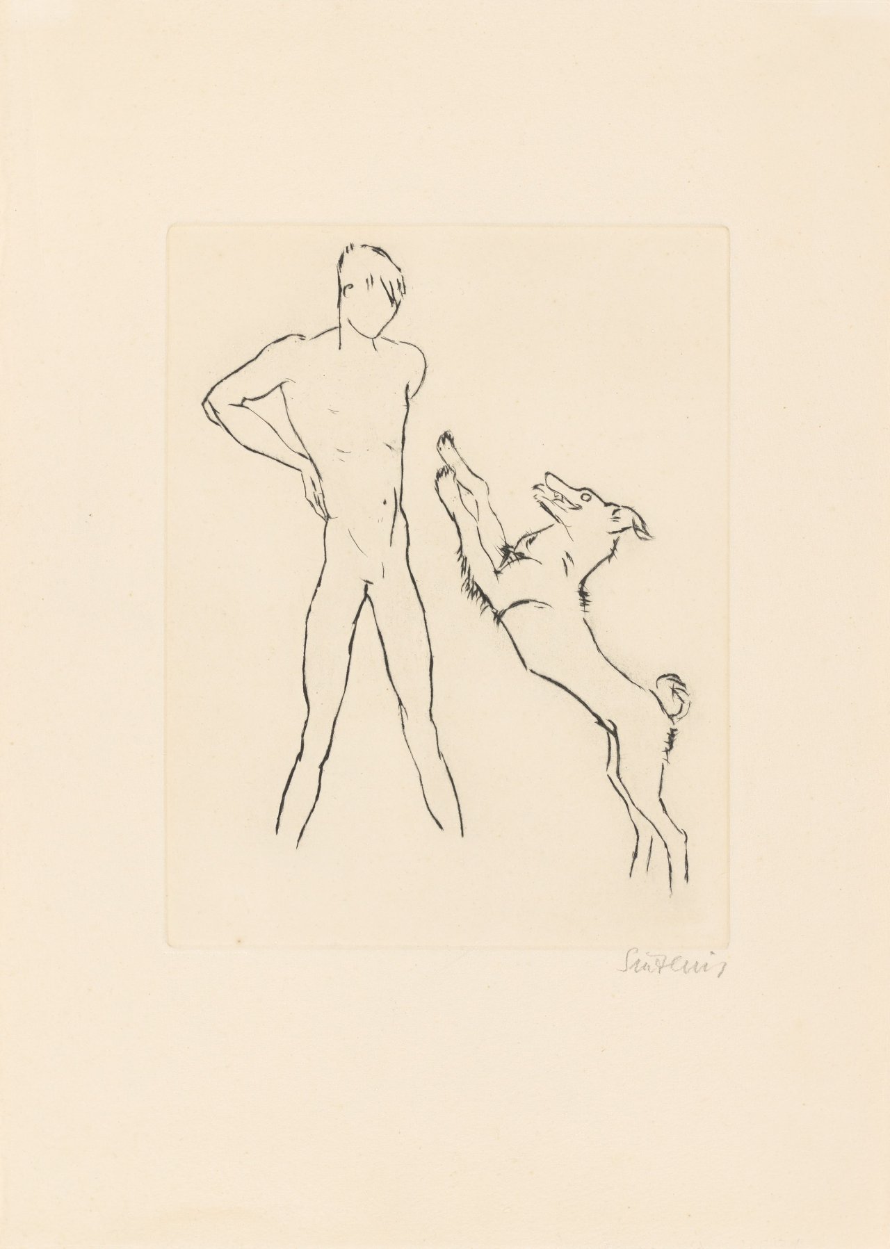 Auf diesem Bild ist das folgende Kunstwerk zu sehen: Renée Sintenis. Jüngling mit springendem Hund.