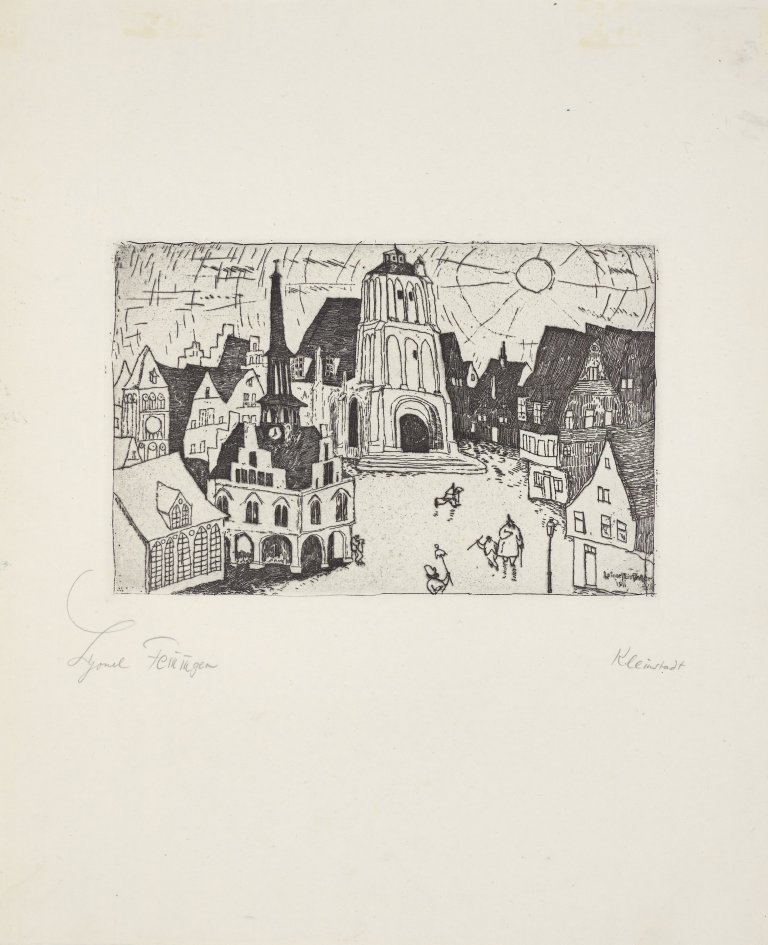 Auf diesem Bild ist das folgende Kunstwerk zu sehen: Lyonel Feininger. „Sonnenaufgang (Kleinstadt)“. 1911.