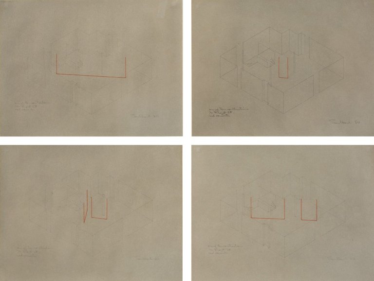 Auf diesem Bild ist das folgende Kunstwerk zu sehen: Fred Sandback. „One of ten constructions 74 Front St. red variants“. 1980.