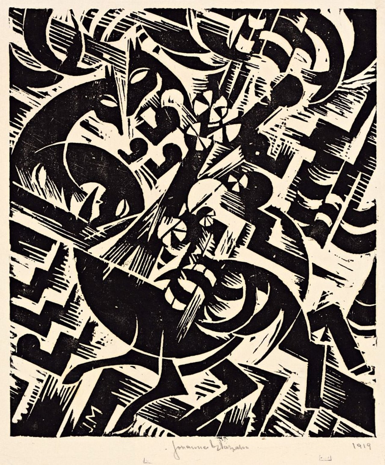 Auf diesem Bild ist das folgende Kunstwerk zu sehen: Johannes Molzahn. „Pferde“ („Hertwig gewidmet“). 1919.