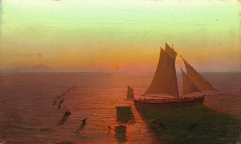 Auf diesem Bild ist das folgende Kunstwerk zu sehen: August Kopisch. Ein Schiff auf dem Meere von Delphinen umschwärmt. Um 1826/28.