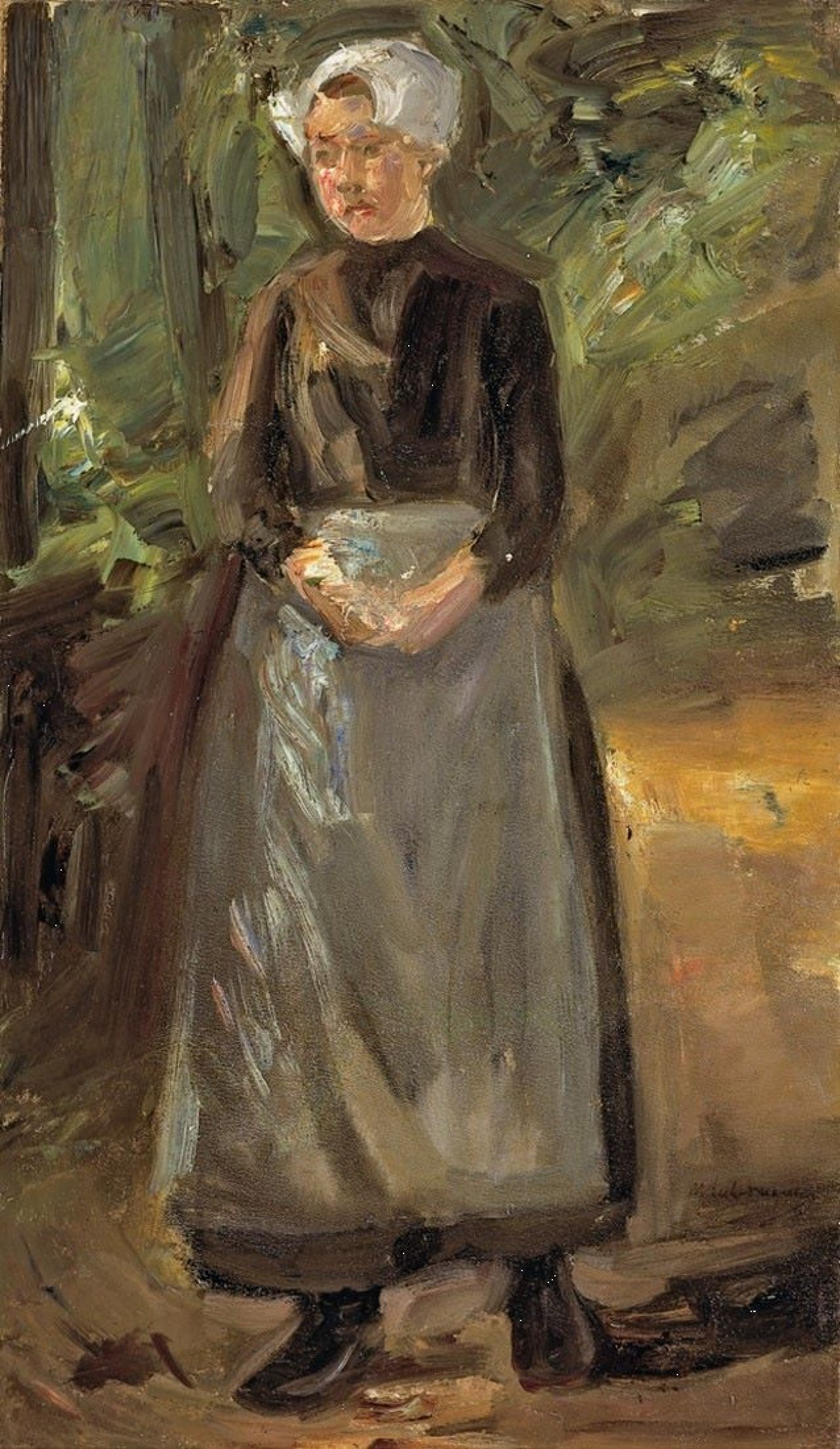 Auf diesem Bild ist das folgende Kunstwerk zu sehen: Max Liebermann. Stehendes holländisches Mädchen mit gefalteten Händen. Um 1896.
