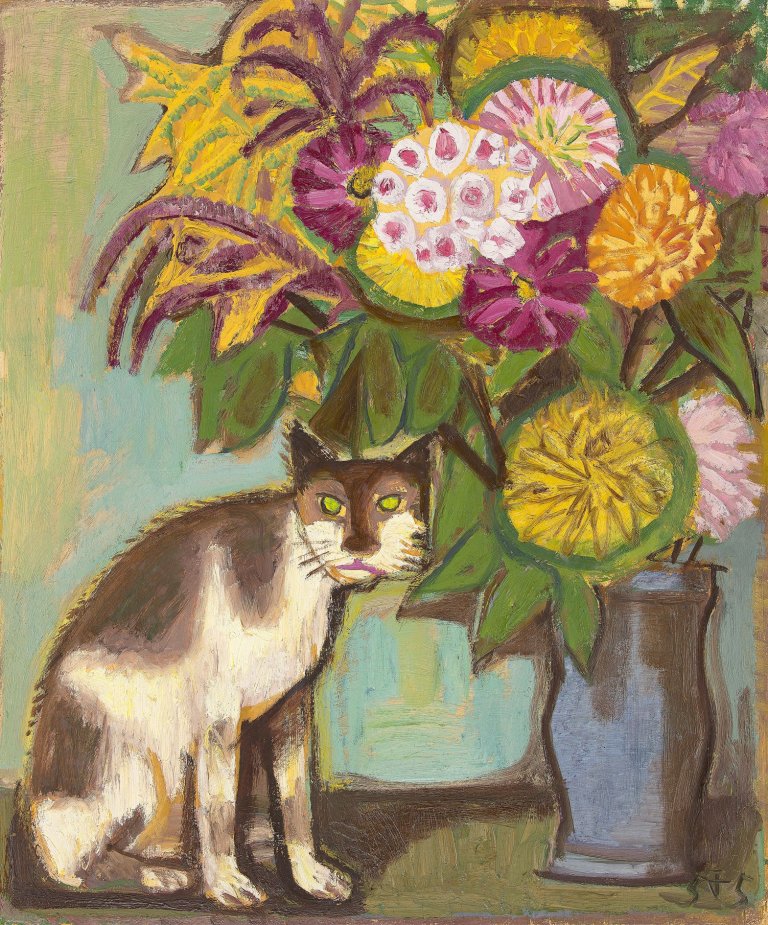 Auf diesem Bild ist das folgende Kunstwerk zu sehen: Otto Dix. „Katze und Blumen (in Vase)“. 1955.