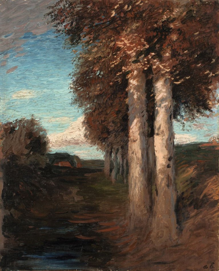 Auf diesem Bild ist das folgende Kunstwerk zu sehen: Hans am Ende. „Herbstliche Moorlandschaft mit Birken und Bauerngehöft“. Um 1898.