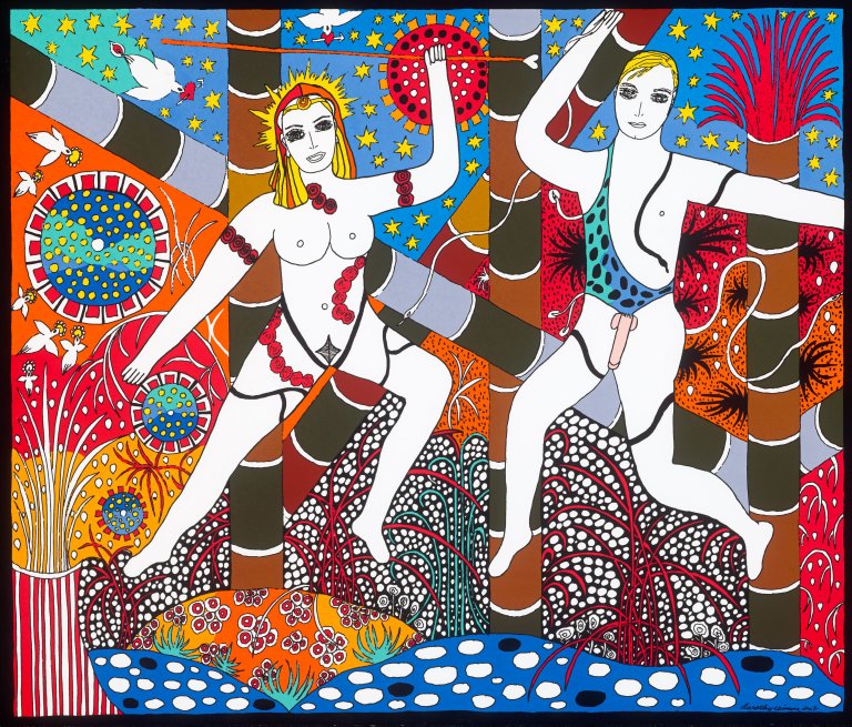 This picture shows the following artwork: Dorothy Iannone. ”The Queen of the Amazonas and Achilles”. 2007.