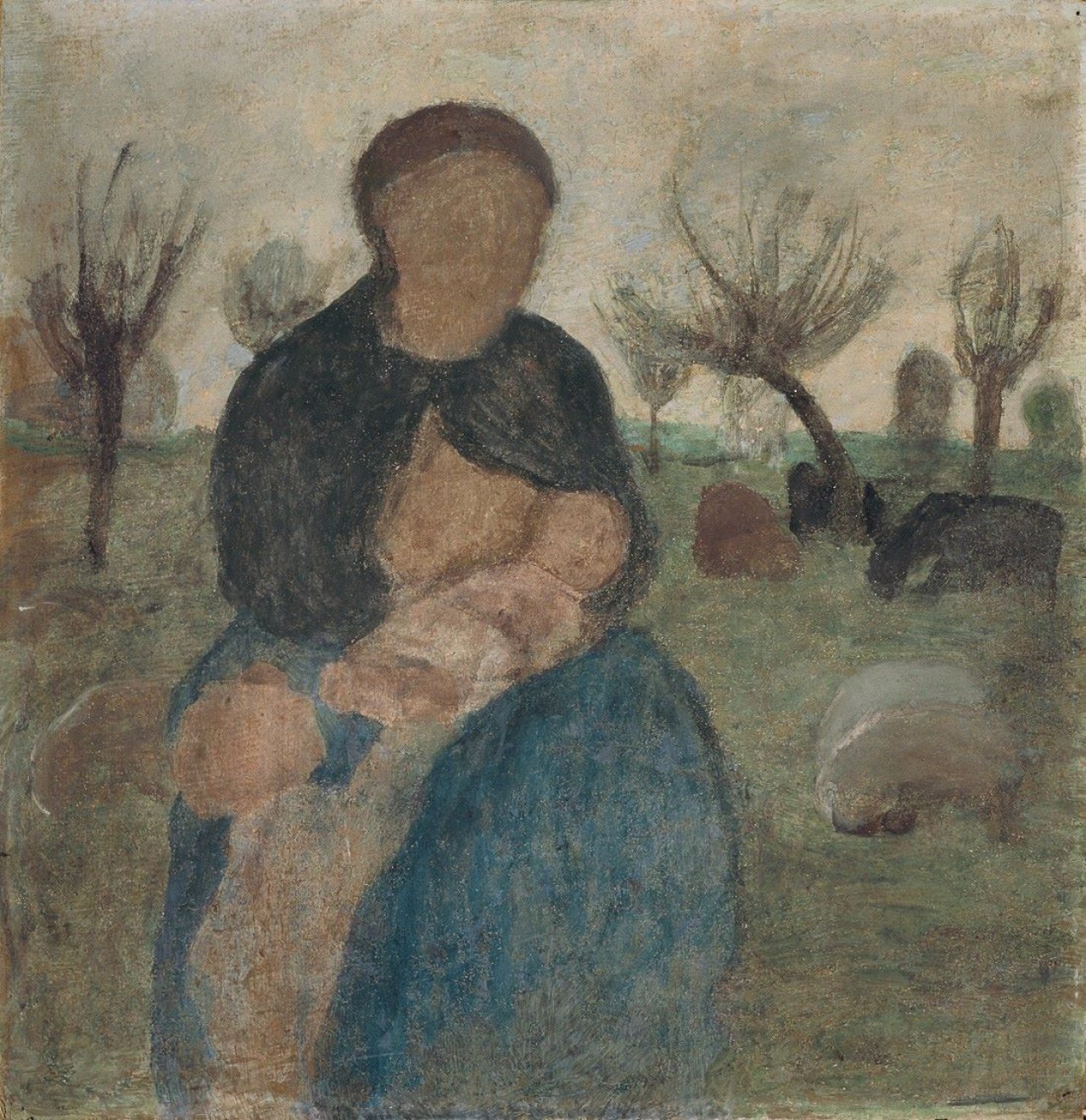 Auf diesem Bild ist das folgende Kunstwerk zu sehen: Paula Modersohn-Becker. „Mutter mit Säugling an der Brust und Kind in Landschaft“. Um 1905.