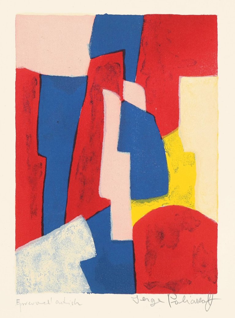 Auf diesem Bild ist das folgende Kunstwerk zu sehen: Serge Poliakoff. „Composition bleue, rouge et rose“. 1961.