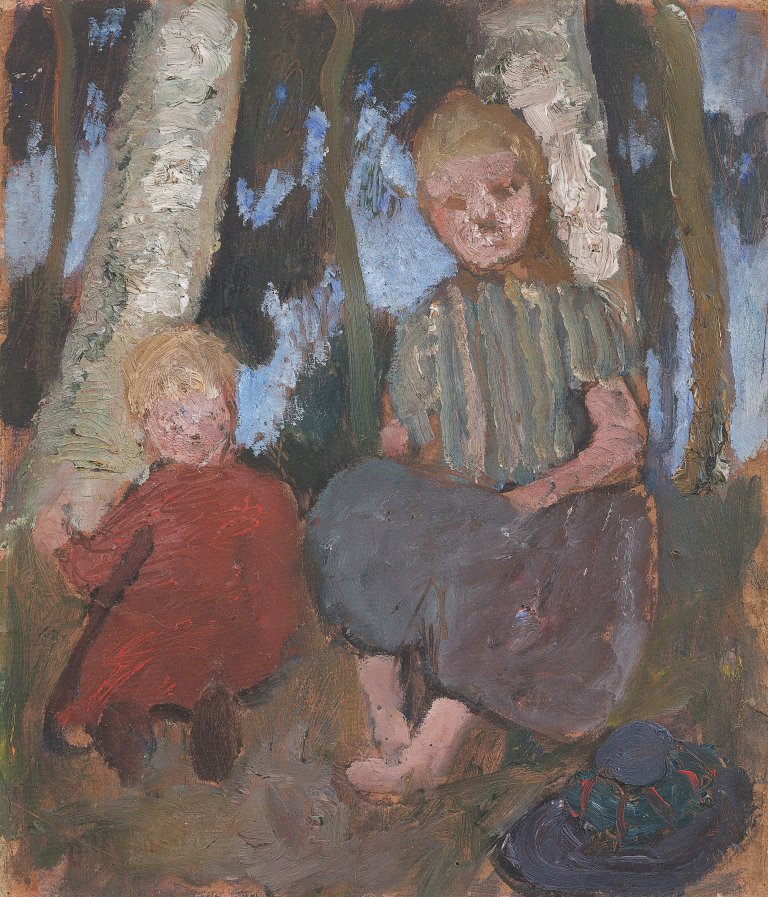 This picture shows the following artwork: Paula Modersohn-Becker. ”Zwei sitzende Kinder vor Birkenstämmen”. 1904.