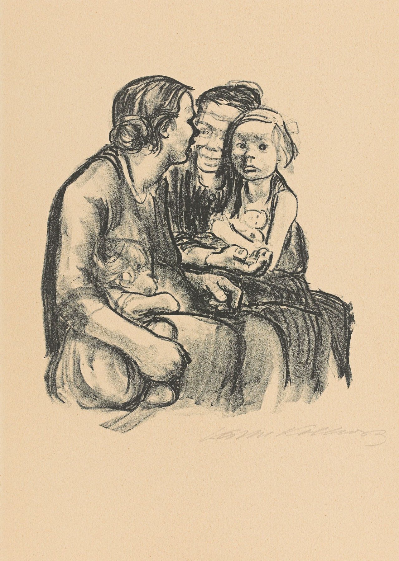 This picture shows the following artwork: Käthe Kollwitz. „Zwei schwatzende Frauen mit zwei Kindern“. 1930.