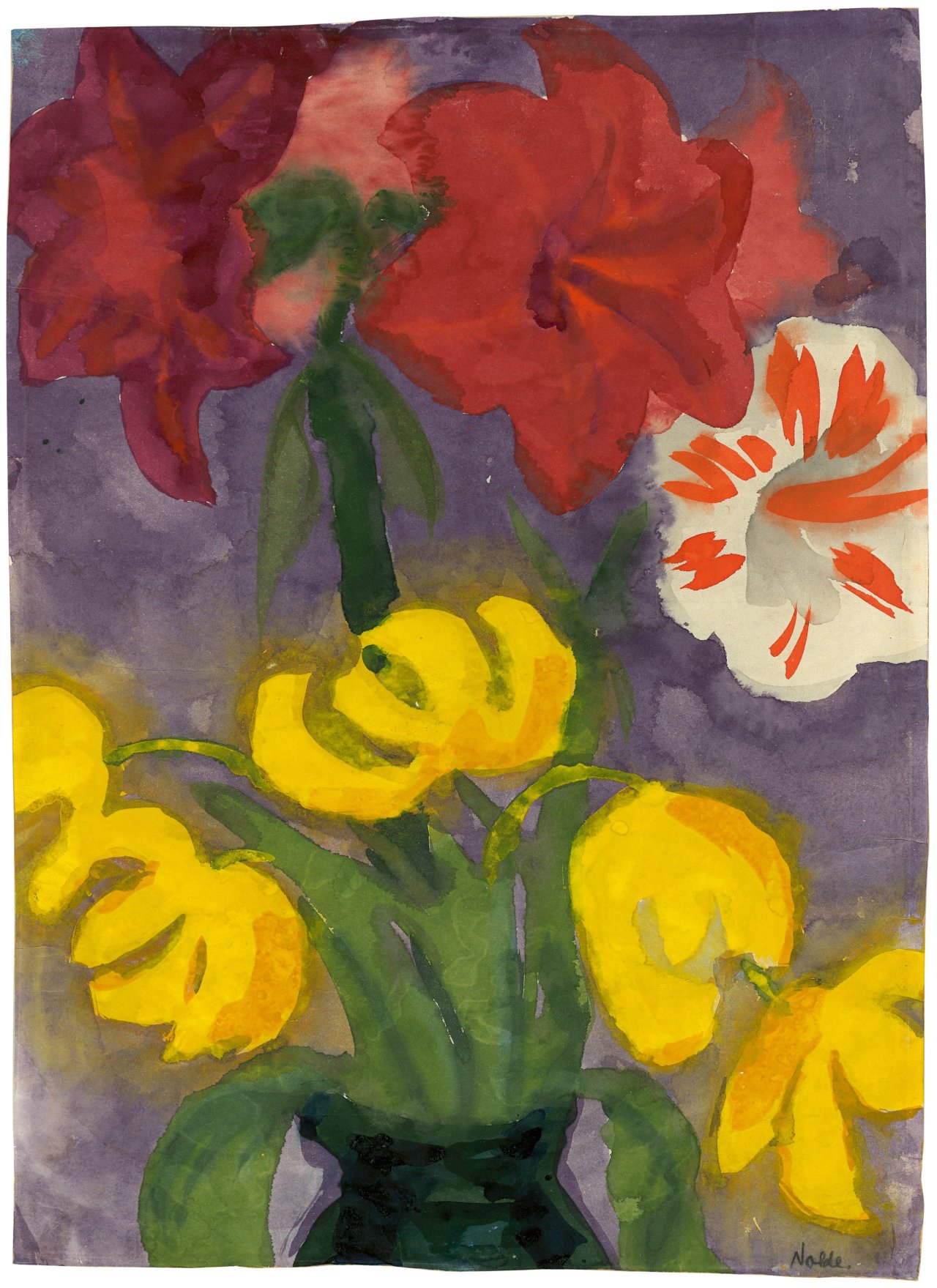 This picture shows the following artwork: Emil Nolde. „Amaryllisblüten und gelbe Blumen (Winterlinge)“. Circa 1935/40.