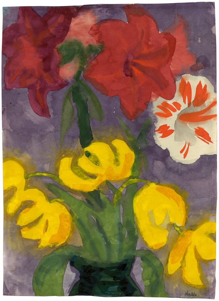 This picture shows the following artwork: Emil Nolde. „Amaryllisblüten und gelbe Blumen (Winterlinge)“. Circa 1935/40.