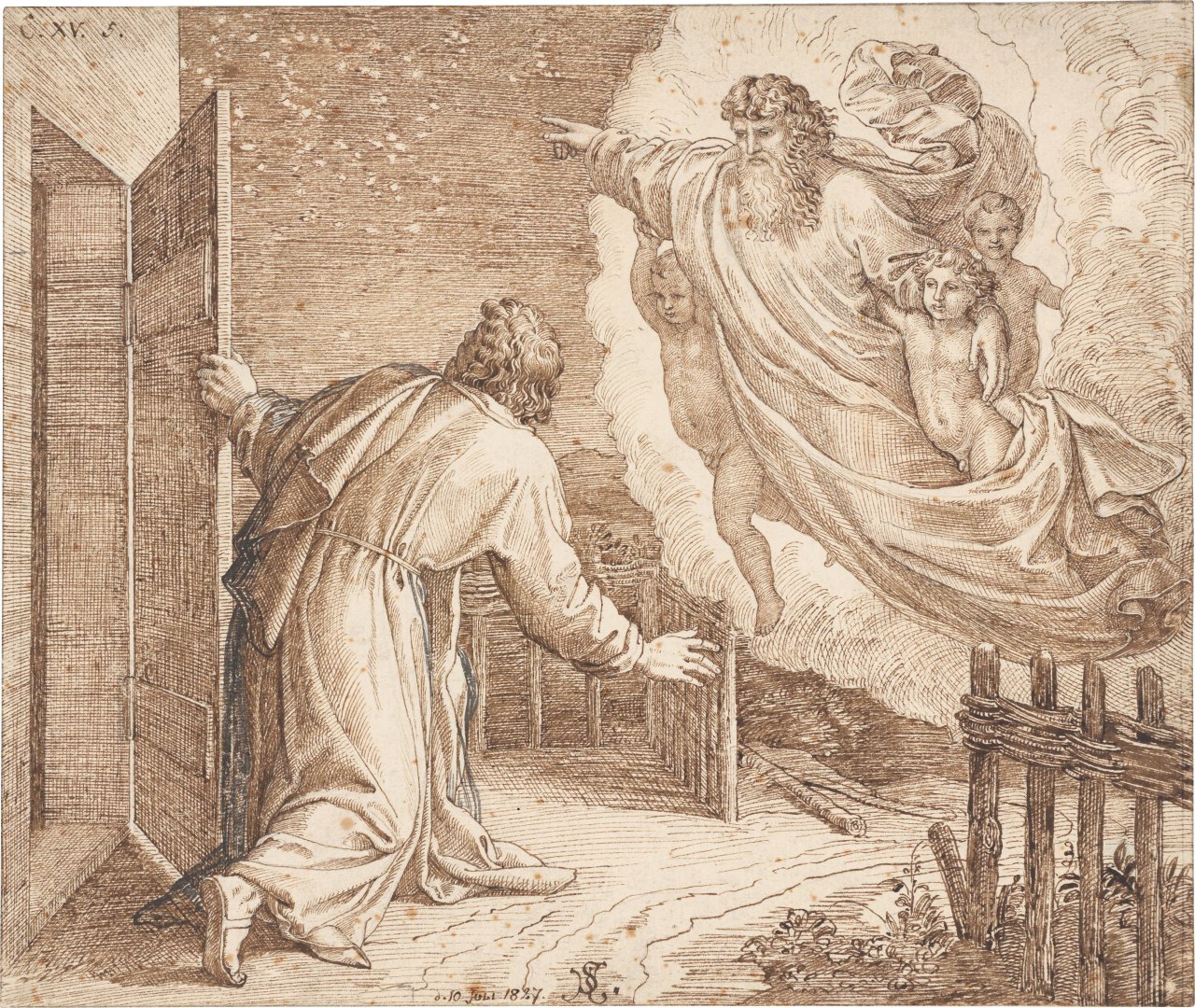 Auf diesem Bild ist das folgende Kunstwerk zu sehen: Julius Schnorr von Carolsfeld. Gott verheißt Abraham, dass er ein Vater vieler Völker werden soll. 1827.