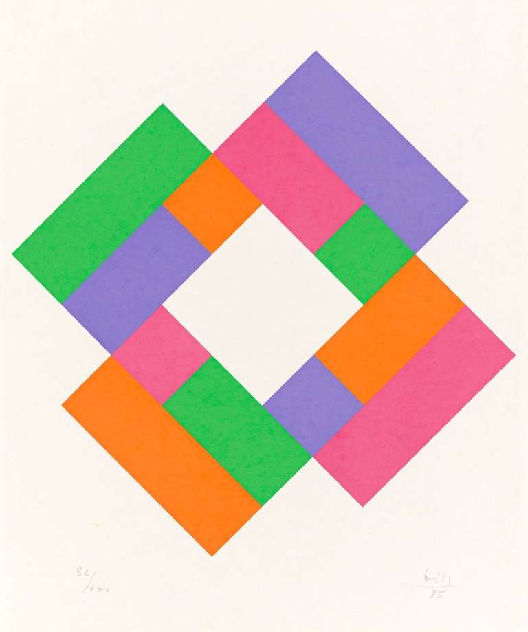 Auf diesem Bild ist das folgende Kunstwerk zu sehen: Max Bill. „Dreier Rhythmus in 4 Farben“. 1985.