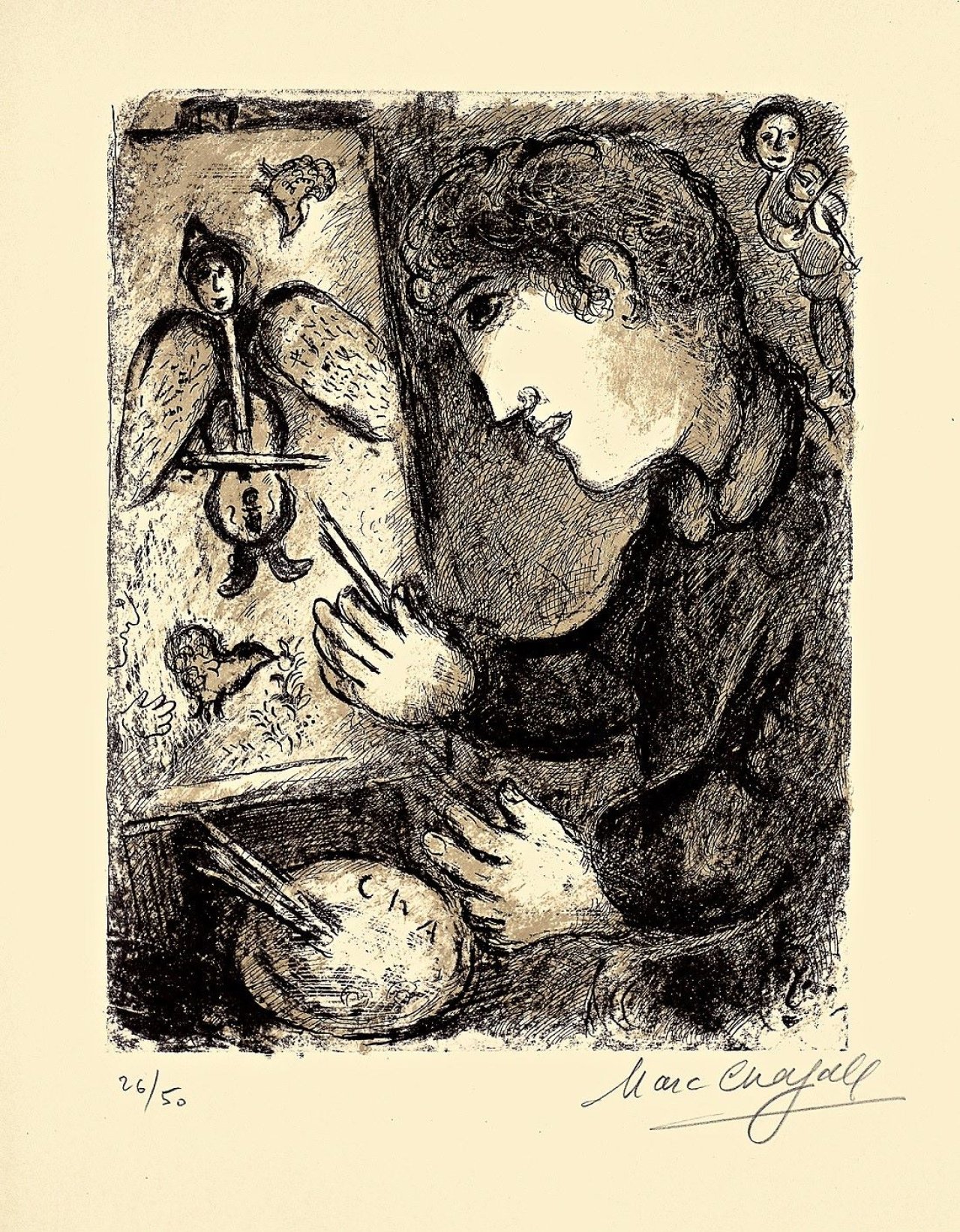 Auf diesem Bild ist das folgende Kunstwerk zu sehen: Marc Chagall. „Die Staffelei“. 1978.