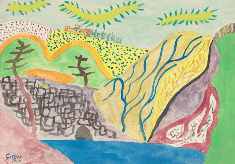 Auf diesem Bild ist das folgende Kunstwerk zu sehen: Werner Gilles. Landschaft mit See. 1951.