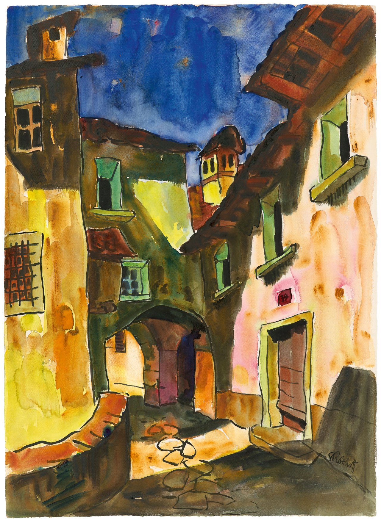 Auf diesem Bild ist das folgende Kunstwerk zu sehen: Karl Schmidt-Rottluff. „Gasse in Cavigliano“. 1928.