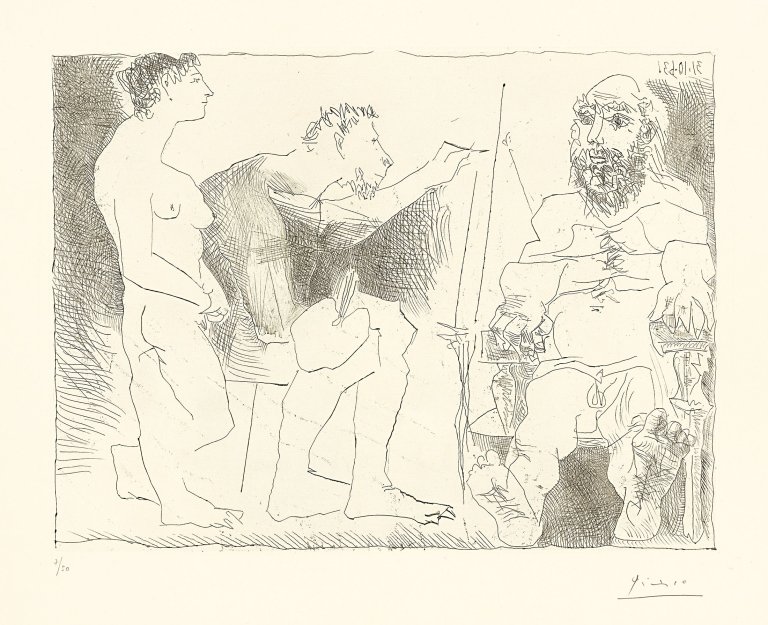 Auf diesem Bild ist das folgende Kunstwerk zu sehen: Pablo Picasso. „Peintre avec un modèle barbu et une spectatrice“. 1963.