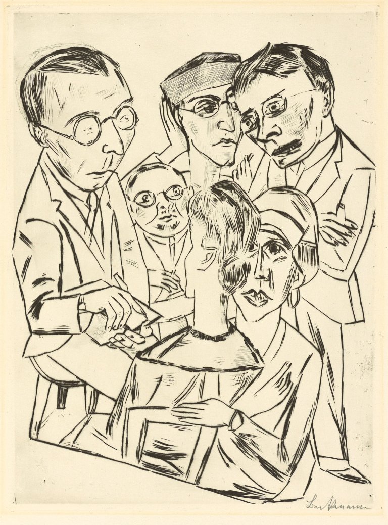 Auf diesem Bild ist das folgende Kunstwerk zu sehen: Max Beckmann. „Der Zeichner in Gesellschaft“. 1922.