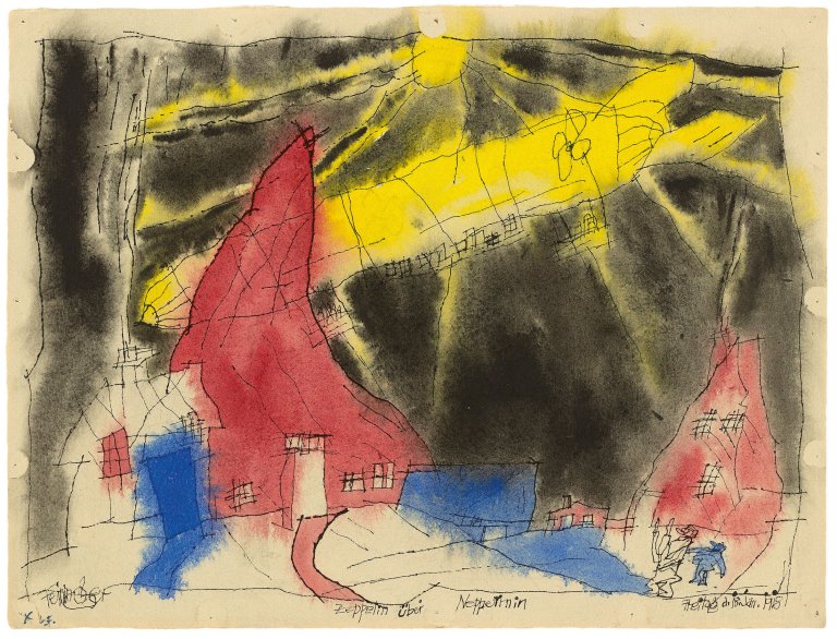 Auf diesem Bild ist das folgende Kunstwerk zu sehen: Lyonel Feininger. „Zeppelin über Neppermin“. 1918.