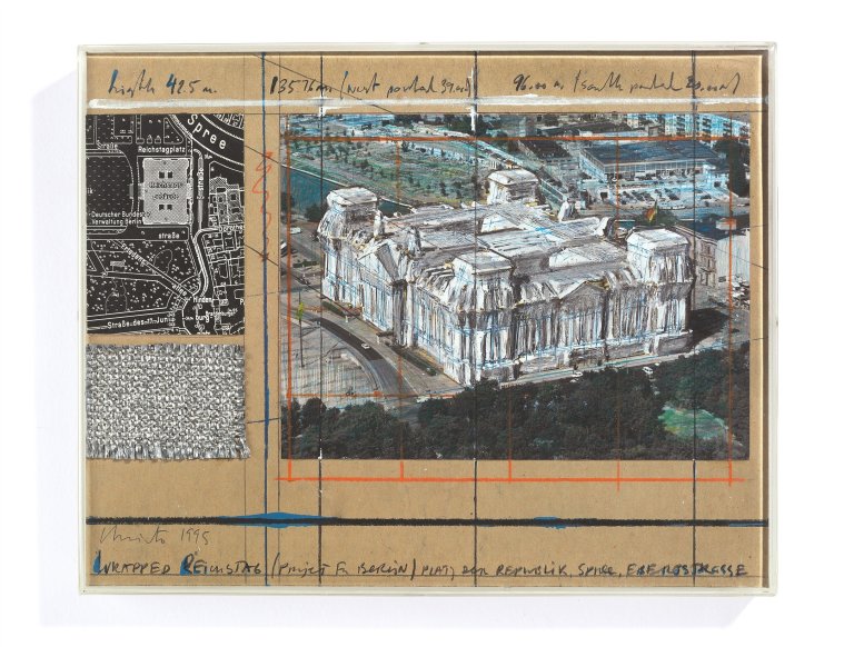 Auf diesem Bild ist das folgende Kunstwerk zu sehen:  Christo. „WRAPPED REICHSTAG (Project for Berlin)“. 1995.