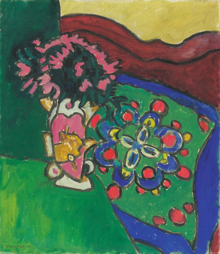Auf diesem Bild ist das folgende Kunstwerk zu sehen: Gabriele Münter. „Blumenstillleben mit Sofa und Kissen“. 1910.