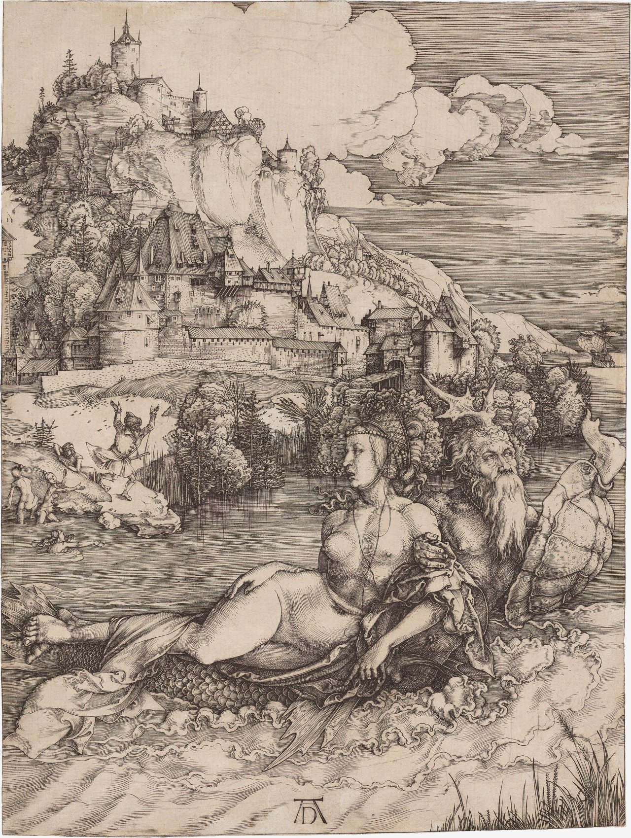 Auf diesem Bild ist das folgende Kunstwerk zu sehen: Albrecht Dürer. „Das Meerwunder (Raub der Amymone)“. Wohl vor 1500.