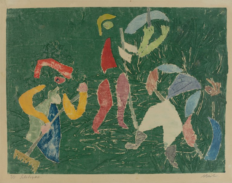 Auf diesem Bild ist das folgende Kunstwerk zu sehen: Rolf Nesch. „Heuernte“. 1941.