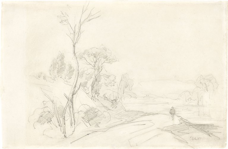 Auf diesem Bild ist das folgende Kunstwerk zu sehen: Jean-Baptiste-Camille Corot. Homme sur un chemin bordé d’arbres.